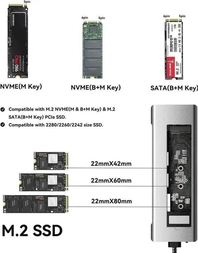 Alt view image 3 of 7 - JAENFONG USB C Docking Station with M.2 NVMe/SATA SSD Card Reader, 8 in 1 USB C Hub with 4K HDMI, 10Gbps USB C, 100W PD, 10Gbps USB3.2 Ports,USB-A, SD/TF Card Reader for Type-C Laptops