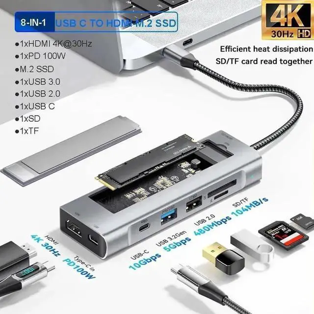 Main image of JAENFONG USB C Docking Station with M.2 NVMe/SATA SSD Card Reader, 8 in 1 USB C Hub with 4K HDMI, 10Gbps USB C, 100W PD, 10Gbps USB3.2 Ports,USB-A, SD/TF Card Reader for Type-C Laptops