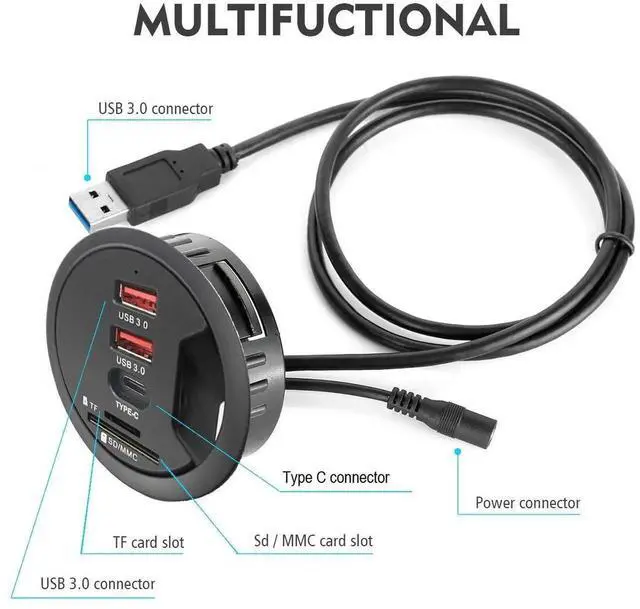 Alt view image 4 of 6 - Grommet Desk-Fit USB 3.0 Hub (Diameter 2.36" or 60MM) 2 Port Type-A and 1 Port Type-C with SD/TF Card Reader,Compatible Charging and Data Transmission,