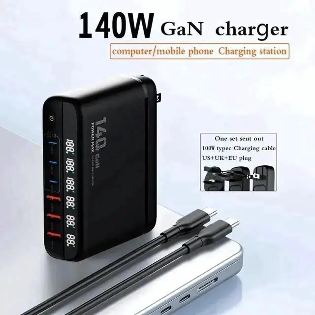 Main image of 140W GaN USB C Charger Block QC3.0 Fast Charging GaN Charger Mobile Phone Quick Charging Type C Desk for IPhone Xiaomi Samsung - Black