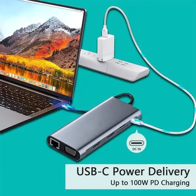 Alt view image 3 of 6 - USB 3.1 Type C Docking Station, USB C Hub, 12-in-1 Triple Display Dual 4K HDMI, VGA, PD100W,Gigabit Ethernet RJ45, USB3.0,SD/TF, Type C Laptop Dock Station Adapter Compatible for MacBook and Windows
