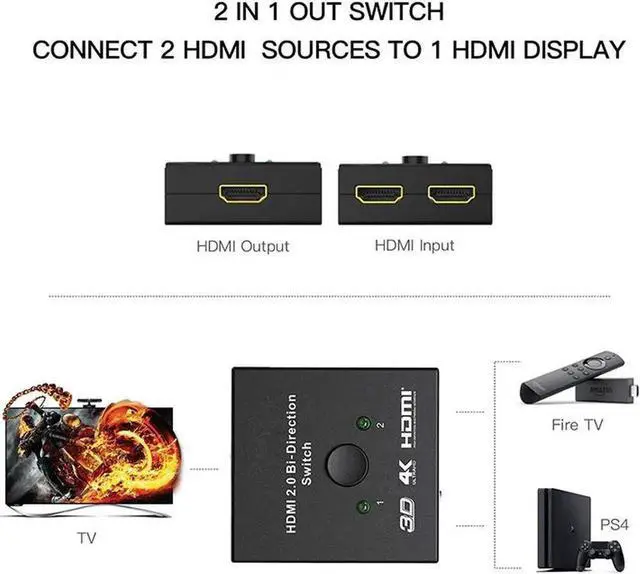 Alt view image 5 of 5 - HDMI--compatible 2.0 Switch, 2x1 or 1x2 HDMI-compatible Bi-Directional Switcher with HDCP 2.2 Pass Through, Support UHD 4Kx2K@60Hz & 3D