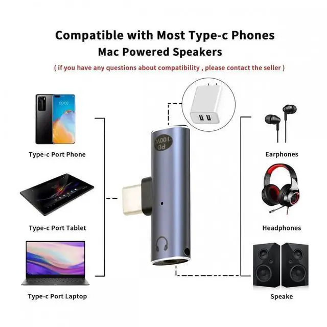 Alt view image 2 of 7 - Audio Adapter USB-C Type-C to 3.5mm Audio DAC AUX Music 16bit 48kHz & 100W PD Power Adapter for Laptop Tablet Phone