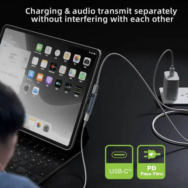 Alt view image 6 of 7 - Audio Adapter USB-C Type-C to 3.5mm Audio DAC AUX Music 16bit 48kHz & 100W PD Power Adapter for Laptop Tablet Phone