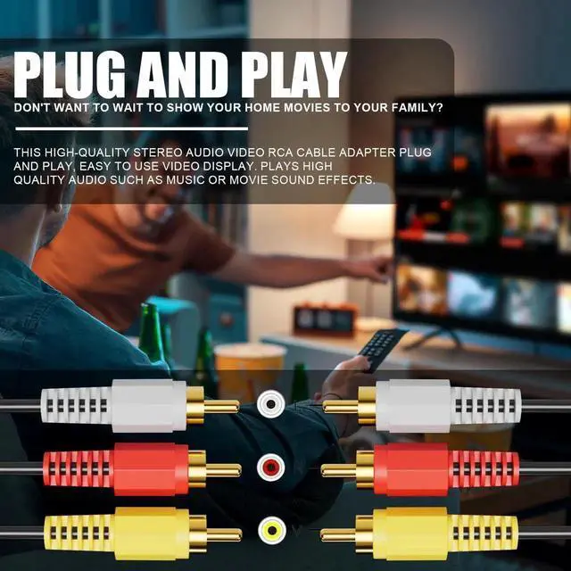 Alt view image 3 of 7 - RCA Cables, 3RCA Cable Audio Video 24K Gold Plated Connecting Audio Video Components AV Male to Male Cable for Home Theater amp, Stereo Systems (10ft-1pcs)