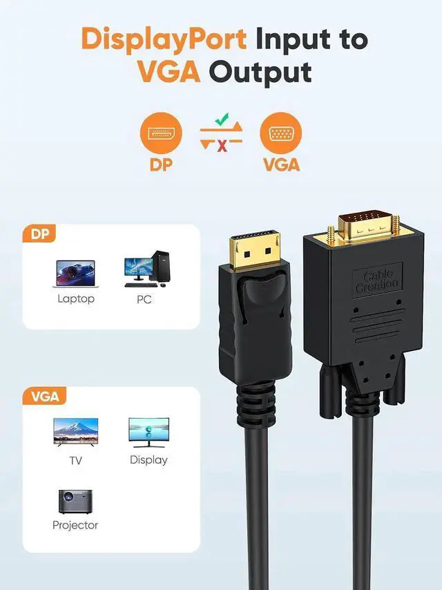 Alt view image 2 of 7 - JAENFONG Displayport to VGA Cable 6FT, Displayport to VGA Adapter Gold Plated 1080P@60Hz, Standard DP Male to VGA Male Cable, Compatible with Laptop, PC, TV, Projector, Black