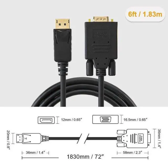 Alt view image 3 of 7 - JAENFONG Displayport to VGA Cable 6FT, Displayport to VGA Adapter Gold Plated 1080P@60Hz, Standard DP Male to VGA Male Cable, Compatible with Laptop, PC, TV, Projector, Black