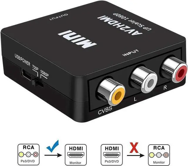 Main image of 3RCA Composite CVBS AV to HDMI Video Audio Converter Adapter Mini Box Support 1080P PAL/NTSC with USB Charging Cable for PC Laptop Xbox PS4 PS3 TV STB VHS VCR DVD,Black