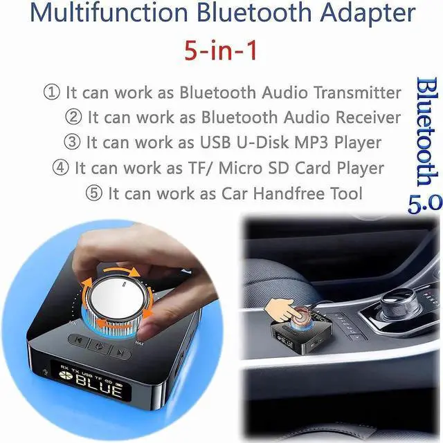 Alt view image 4 of 6 - Bluetooth 5.0 Audio Adapter, 5-in-1 Wireless Music Transmitter AUX Receiver USB TF Micro SD Card MP3 Player for TV CD PC Car Home Stereo to Wireless Wired Soundbar Headphones Speakers