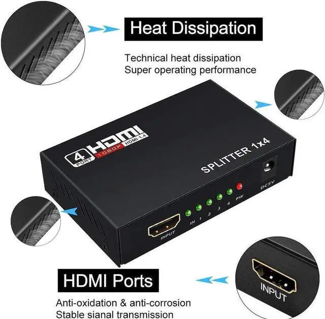 Alt view image 6 of 7 - HDMI Splitter 1 in 4 out Full Ultra HD 1080P 4K/2K 1X4 Port Box Hub with Power Adapter v1.4 Powered Certified for 3D Support