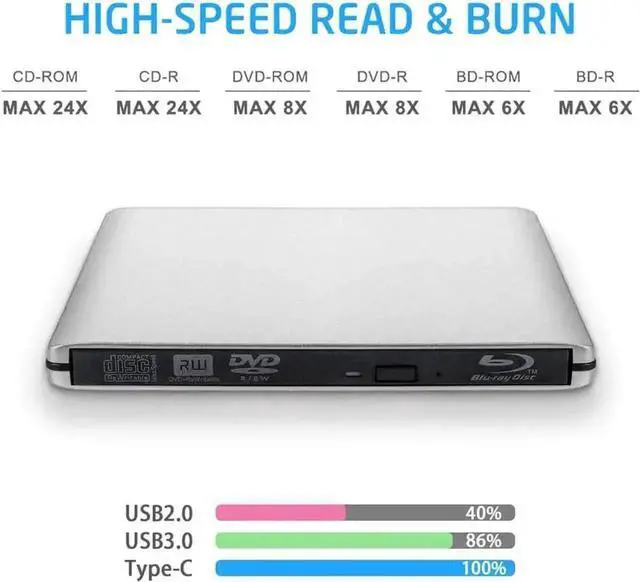 Alt view image 6 of 7 - JAENFONG Aluminum External DVD Blu-Ray Burner Drive, USB 3.0 Type-C CD DVD +/-RW Optical Drive USB C Burner Slim CD/DVD ROM Rewriter Writer Reader Portable for PC Laptop Desktop MacBook Mac Silver
