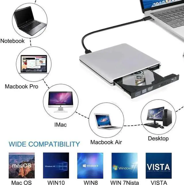 Alt view image 7 of 7 - JAENFONG Aluminum External DVD Blu-Ray Burner Drive, USB 3.0 Type-C CD DVD +/-RW Optical Drive USB C Burner Slim CD/DVD ROM Rewriter Writer Reader Portable for PC Laptop Desktop MacBook Mac Silver