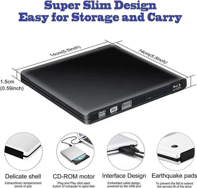Alt view image 2 of 7 - JAENFONG External Blu-Ray DVD Drive for Laptop, USB 3.0 Portable Optical Slim CD/DVD/Blu-Ray Burner Player RW Drive For Desktop PC Windows XP/ 2003/ Vista/ 7/8, Linux, Mac os System ,Black
