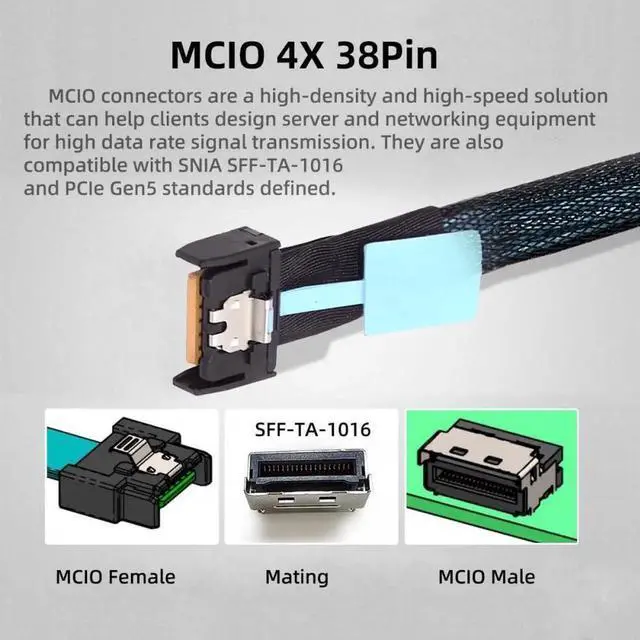 Alt view image 2 of 7 - JAENFONG Cable PCI-E 5.0 Mini Cool Edge IO MCIO PCI-E 4i 38Pin Male to MCIO 4i SFF-TA-1016 Extender Cable 50cm