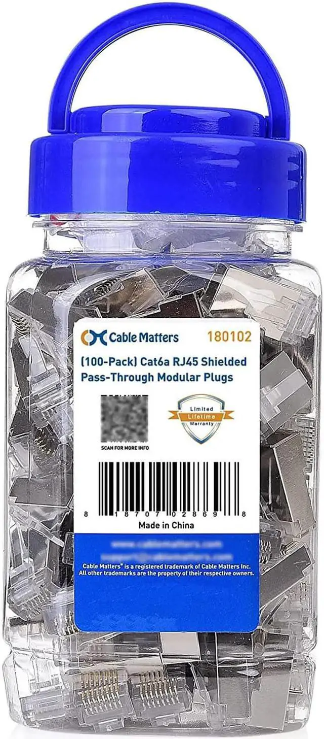 Main image of Cable Matters 100-Pack Cat 6A Shielded Pass Through RJ45 Connectors (Cat 6A Ends / Cat6A Connector / RJ45 Modular Plugs/Ethernet Plugs/Network Connector) for Solid or Stranded S/FTP Ethernet Cable