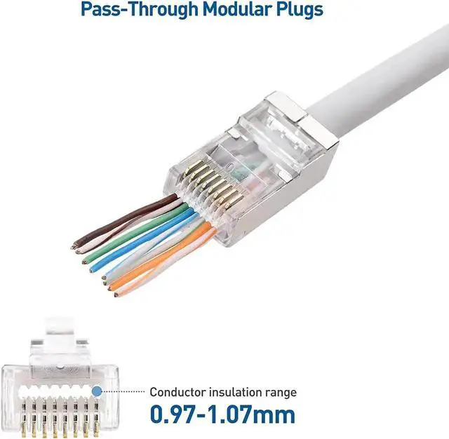 Alt view image 7 of 7 - Cable Matters 100-Pack Cat 6A Shielded Pass Through RJ45 Connectors (Cat 6A Ends / Cat6A Connector / RJ45 Modular Plugs/Ethernet Plugs/Network Connector) for Solid or Stranded S/FTP Ethernet Cable