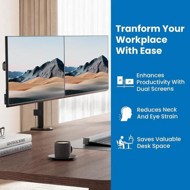 Alt view image 3 of 7 - Mount-It! Dual Monitor Mount, Dual Monitor Arm for 2 Screens on Desk, Adjustable Tilt and Swivel Arms for Double Screen up to 32 and 19.8 Lbs VESA 75x75 and 100x100 C-clamp & Grommet