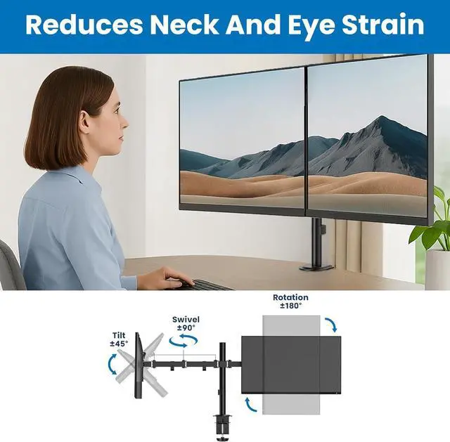 Alt view image 4 of 7 - Mount-It! Dual Monitor Mount, Dual Monitor Arm for 2 Screens on Desk, Adjustable Tilt and Swivel Arms for Double Screen up to 32 and 19.8 Lbs VESA 75x75 and 100x100 C-clamp & Grommet