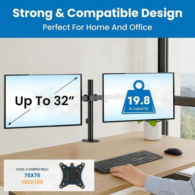 Alt view image 6 of 7 - Mount-It! Dual Monitor Mount, Dual Monitor Arm for 2 Screens on Desk, Adjustable Tilt and Swivel Arms for Double Screen up to 32 and 19.8 Lbs VESA 75x75 and 100x100 C-clamp & Grommet