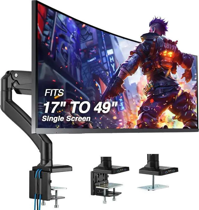 Main image of AVLT Single 17"-49" Super Ultrawide Monitor Arm for Screens Up to 50 lbs, Premium Aluminum Desk Stand, Adjustable Pneumatic Height, Full Motion Swivel Tilt Rotation, USB 3.0 & AUX Ports, Black