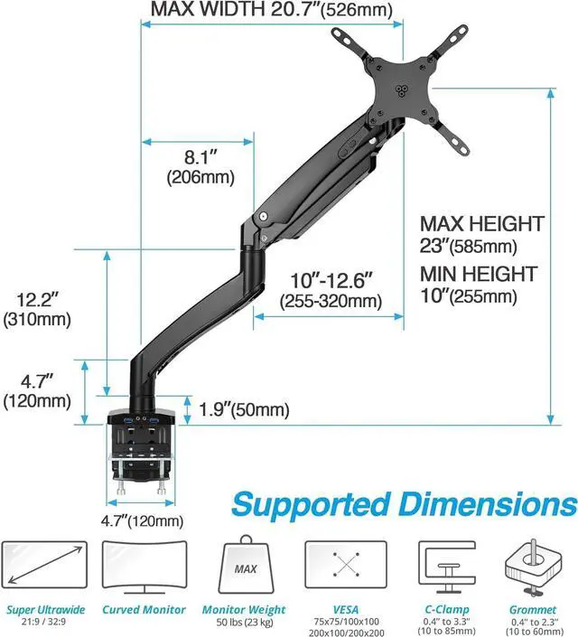 Alt view image 2 of 7 - AVLT Single 17"-49" Super Ultrawide Monitor Arm for Screens Up to 50 lbs, Premium Aluminum Desk Stand, Adjustable Pneumatic Height, Full Motion Swivel Tilt Rotation, USB 3.0 & AUX Ports, Black