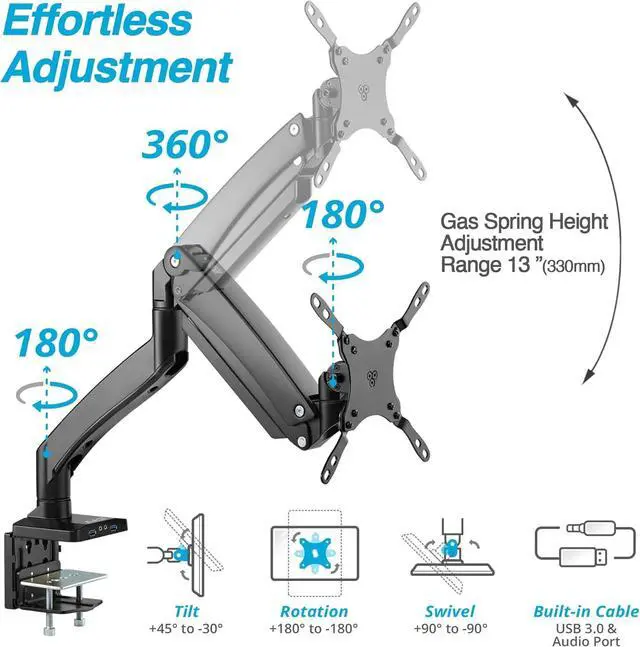 Alt view image 3 of 7 - AVLT Single 17"-49" Super Ultrawide Monitor Arm for Screens Up to 50 lbs, Premium Aluminum Desk Stand, Adjustable Pneumatic Height, Full Motion Swivel Tilt Rotation, USB 3.0 & AUX Ports, Black