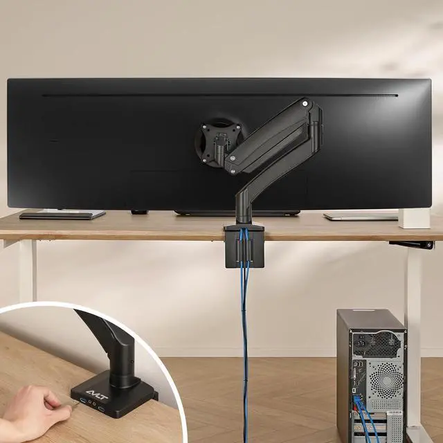 Alt view image 7 of 7 - AVLT Single 17"-49" Super Ultrawide Monitor Arm for Screens Up to 50 lbs, Premium Aluminum Desk Stand, Adjustable Pneumatic Height, Full Motion Swivel Tilt Rotation, USB 3.0 & AUX Ports, Black