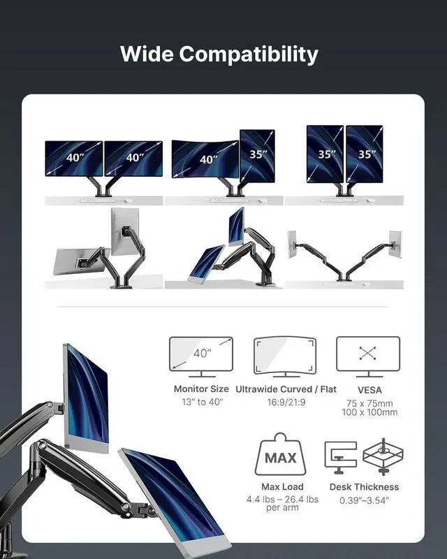 Alt view image 3 of 7 - HUANUO Dual Monitor Stand for 13 to 40 inch, Premium Dual Monitor Mount with USB, Height Adjustable Monitor Stand for 2 Monitors, VESA Mount with Clamp/Grommet Base, Each Arm Hold up to 26.4lbs, HNDS7
