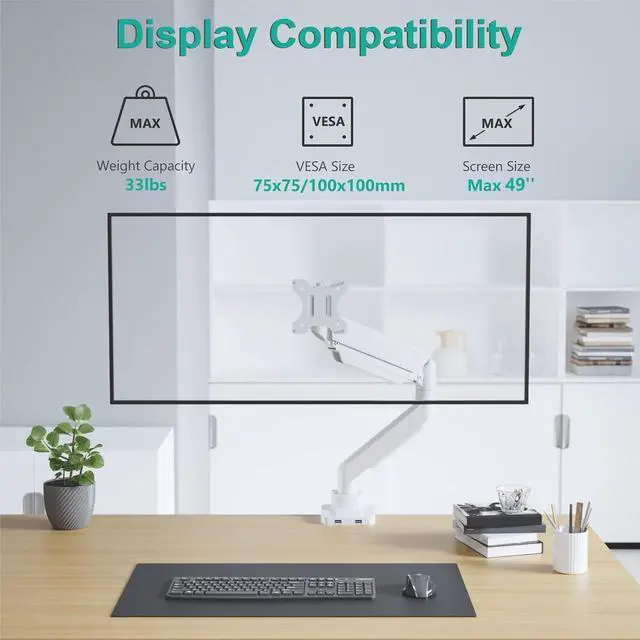 Alt view image 3 of 7 - WALI Ultrawide Monitor Arm for 13 to 49 Inch Heavy Duty Curved Screens, Adjustable Gas Spring Single Monitor Desk Mount with 2 USB 3.0 Ports, Holds 33 lbs, 75x75/100x100 VESA, White (GSMU001-W)