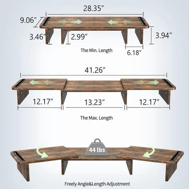 Alt view image 2 of 7 - Zimilar Dual Monitor Stand Riser, Monitor Stand with Adjustable Length and Angle, Wood Monitor stand for desk, Monitor Riser for 2 monitors with Storage Space(Rust Brown Large)
