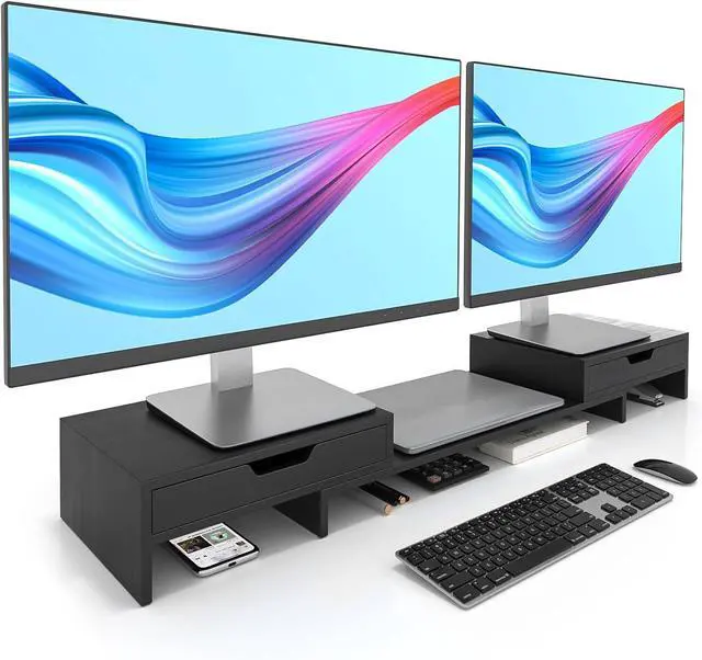 Main image of Dual Monitor Riser with Two Drawers for Desk, Bamboo Monitor Stand Riser with Storage, Desk Shelf for Computer, IMac & Laptop, No Assembly Required, Black