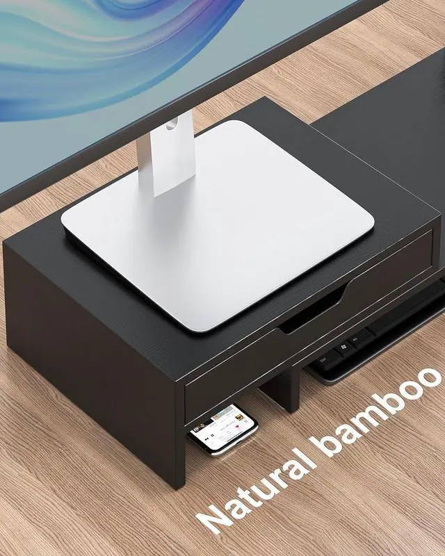 Alt view image 2 of 7 - Dual Monitor Riser with Two Drawers for Desk, Bamboo Monitor Stand Riser with Storage, Desk Shelf for Computer, IMac & Laptop, No Assembly Required, Black