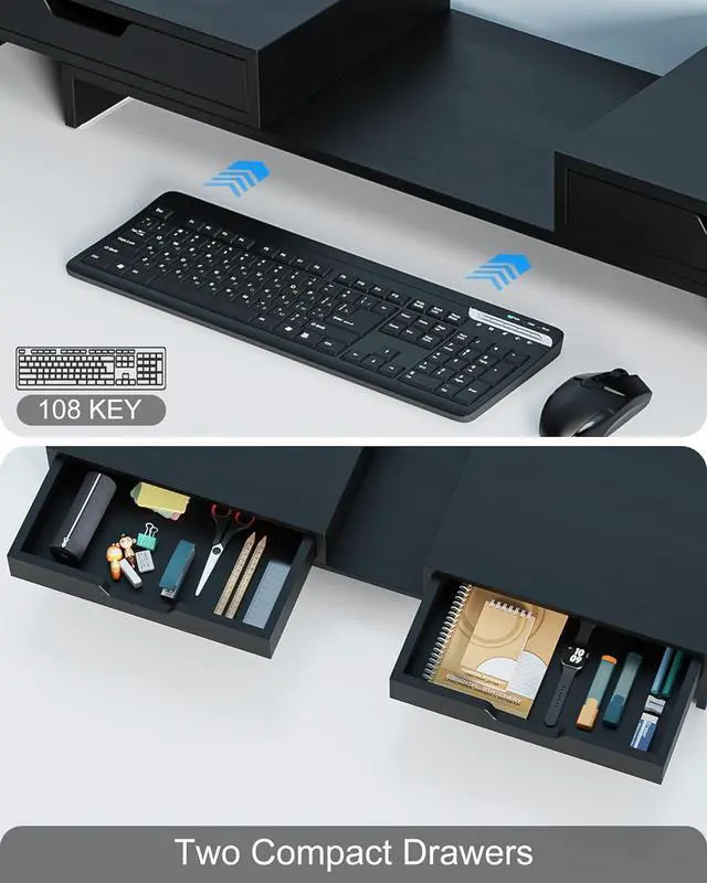 Alt view image 3 of 7 - Dual Monitor Riser with Two Drawers for Desk, Bamboo Monitor Stand Riser with Storage, Desk Shelf for Computer, IMac & Laptop, No Assembly Required, Black