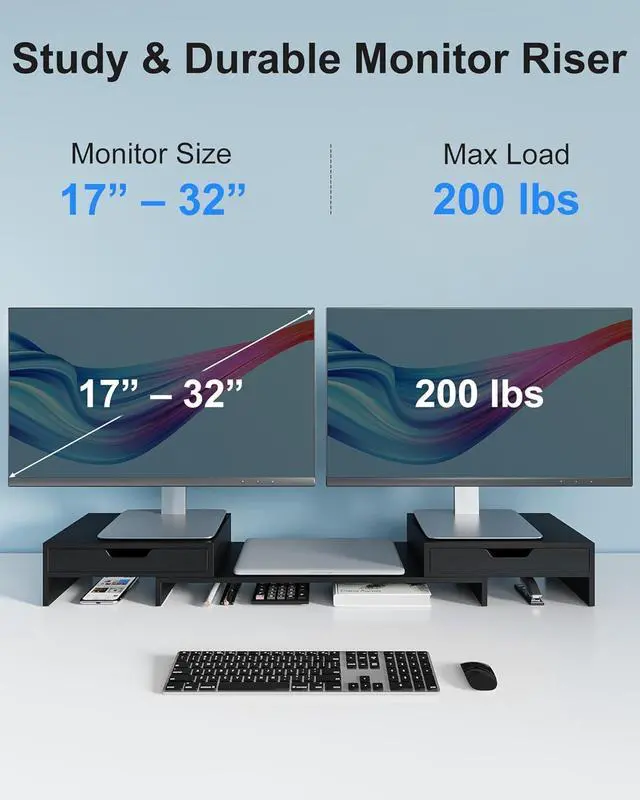 Alt view image 4 of 7 - Dual Monitor Riser with Two Drawers for Desk, Bamboo Monitor Stand Riser with Storage, Desk Shelf for Computer, IMac & Laptop, No Assembly Required, Black