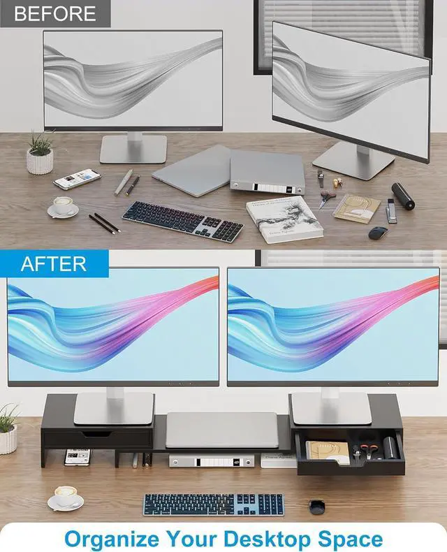 Alt view image 5 of 7 - Dual Monitor Riser with Two Drawers for Desk, Bamboo Monitor Stand Riser with Storage, Desk Shelf for Computer, IMac & Laptop, No Assembly Required, Black
