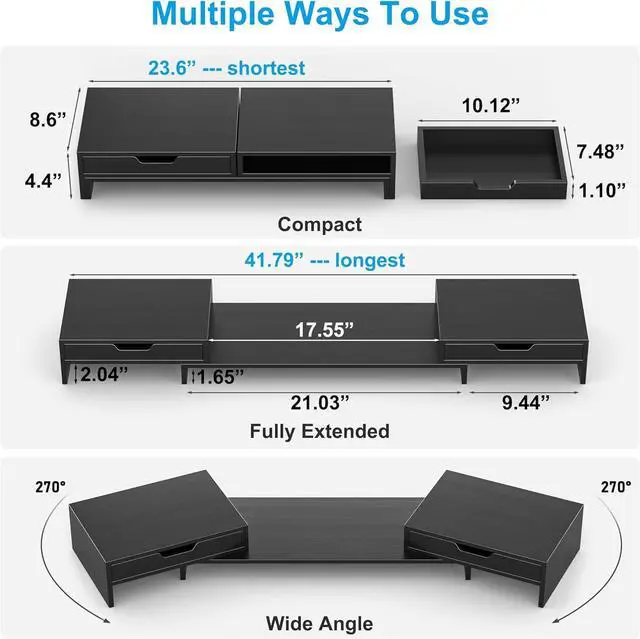 Alt view image 6 of 7 - Dual Monitor Riser with Two Drawers for Desk, Bamboo Monitor Stand Riser with Storage, Desk Shelf for Computer, IMac & Laptop, No Assembly Required, Black