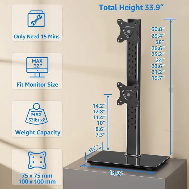Alt view image 2 of 7 - MOUNTUP Vertical Dual Monitor Stand, Stack Two Screens up to 32 inches,33 Lbs, Free-Standing Monitor Desk Mount, Monitor Riser with Swivel, Tilt, Height Adjustable, VESA Stand 100 x 100mm, 75 x 75mm