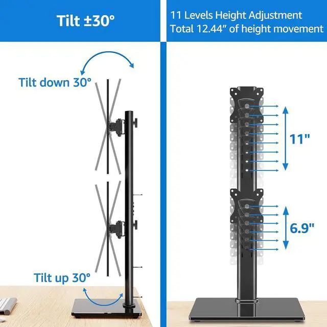 Alt view image 4 of 7 - MOUNTUP Vertical Dual Monitor Stand, Stack Two Screens up to 32 inches,33 Lbs, Free-Standing Monitor Desk Mount, Monitor Riser with Swivel, Tilt, Height Adjustable, VESA Stand 100 x 100mm, 75 x 75mm