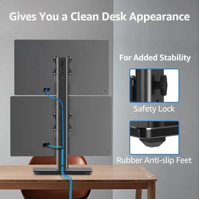 Alt view image 7 of 7 - MOUNTUP Vertical Dual Monitor Stand, Stack Two Screens up to 32 inches,33 Lbs, Free-Standing Monitor Desk Mount, Monitor Riser with Swivel, Tilt, Height Adjustable, VESA Stand 100 x 100mm, 75 x 75mm