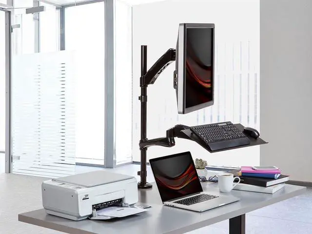 Alt view image 6 of 6 - Monoprice Articulating Gas Spring Sit Stand Monitor and Keyboard Workstation Mount - for Displays 13in to 26in, VESA 75x75 to 100x100, Easy to Use, Compatible with Most Desks, Black
