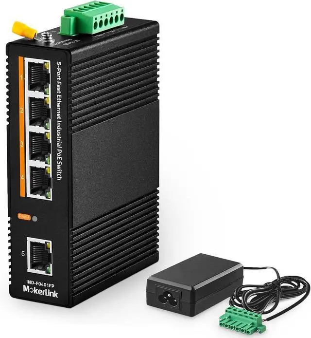Main image of MokerLink 5 Port PoE Industrial DIN-Rail Network Switch, 60W IEEE802.3af/at PoE Power, 10/100Mbps Fast Ethernet, IP40 Rated Network Switch (-40 to 185°F), with UL Power Supply