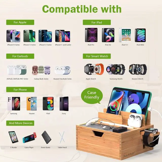 Alt view image 3 of 7 - Pezin & Hulin Bamboo Charging Station for Multi Device, with Power Charger & Cables, Nightstand Docking Station with Lined Tray & Drawer, Compatible with Tablet, Cell Phones