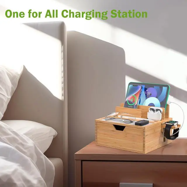 Alt view image 5 of 7 - Pezin & Hulin Bamboo Charging Station for Multi Device, with Power Charger & Cables, Nightstand Docking Station with Lined Tray & Drawer, Compatible with Tablet, Cell Phones