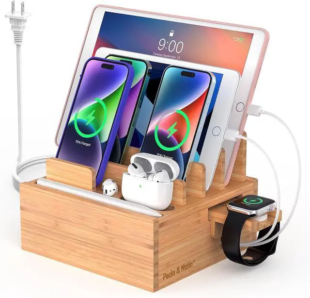 Main image of Pezin & Hulin Bamboo Charging Station for Multiple Devices Include 5 Port USB Charger, 5 Cables, Desktop Organizer for Phones, Tablet, Wooden Docking Stations