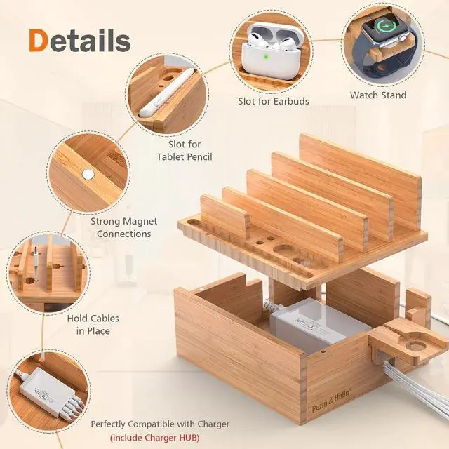 Alt view image 2 of 7 - Pezin & Hulin Bamboo Charging Station for Multiple Devices Include 5 Port USB Charger, 5 Cables, Desktop Organizer for Phones, Tablet, Wooden Docking Stations