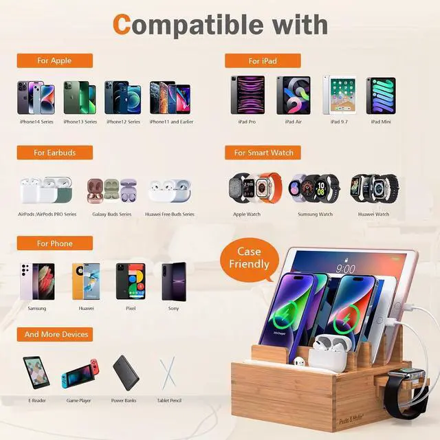 Alt view image 3 of 7 - Pezin & Hulin Bamboo Charging Station for Multiple Devices Include 5 Port USB Charger, 5 Cables, Desktop Organizer for Phones, Tablet, Wooden Docking Stations