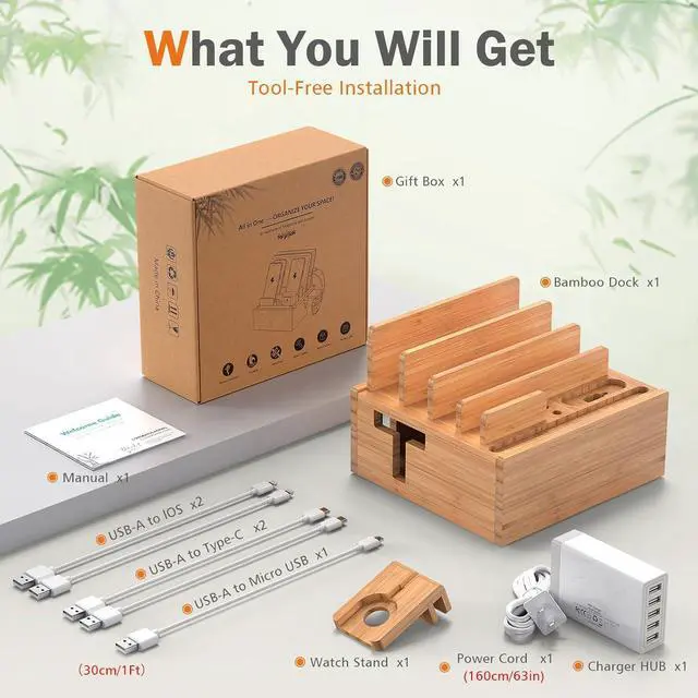 Alt view image 4 of 7 - Pezin & Hulin Bamboo Charging Station for Multiple Devices Include 5 Port USB Charger, 5 Cables, Desktop Organizer for Phones, Tablet, Wooden Docking Stations