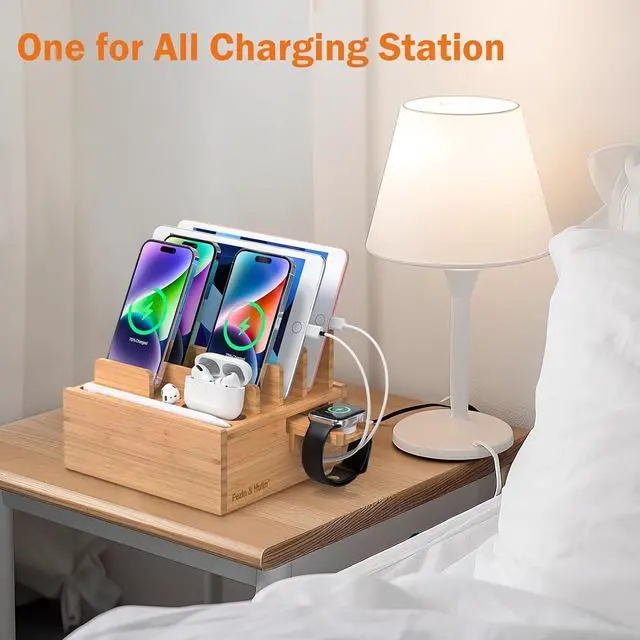 Alt view image 6 of 7 - Pezin & Hulin Bamboo Charging Station for Multiple Devices Include 5 Port USB Charger, 5 Cables, Desktop Organizer for Phones, Tablet, Wooden Docking Stations