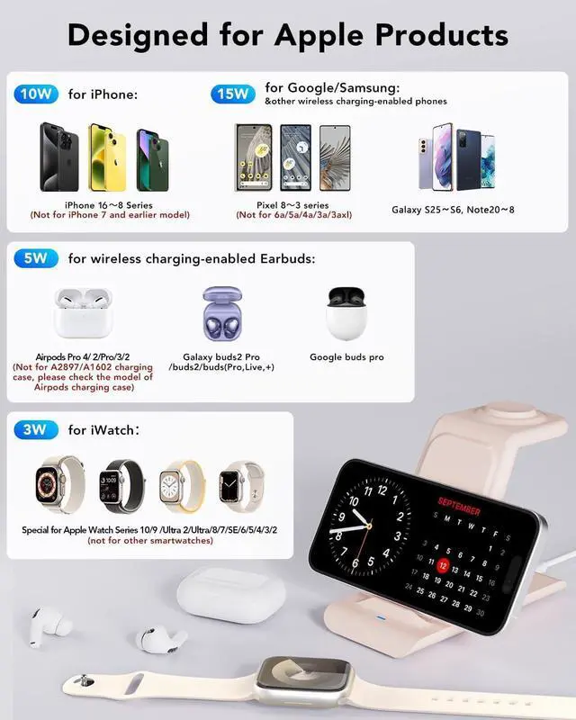 Alt view image 3 of 7 - HATALKIN 3 in 1 Wireless Charging Station Compatible for Apple Products Multiple Devices Charger for Apple Watch ultra 10 9 8 7 SE 6 5 AirPods Pro iPhone 16 15 14 13 12 Pro Max/X/XS Fast Charger Stand