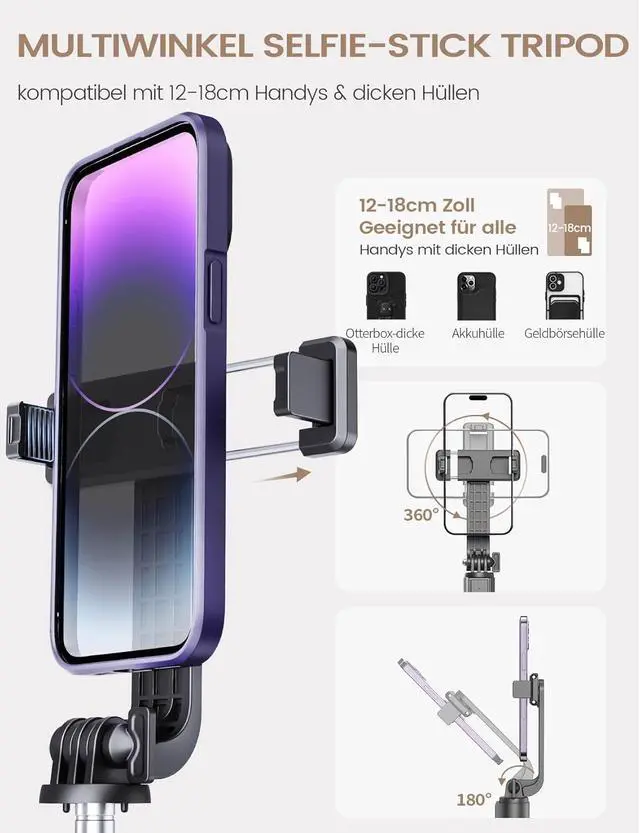 Alt view image 4 of 7 - Selfie Stick Tripod with Remote, Extendable 360° Rotatable Selfie Stick, 41.7" Phone Tripod Stand for Cell Phone Filming Compatible with iPhone Samsung Android Smartphone Gopro